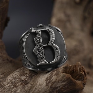 Anillo con sello inicial personalizado, anillo floral grabado, anillo barroco personalizado, anillo con letras, anillo personalizado para hombres, regalo de joyería personalizado