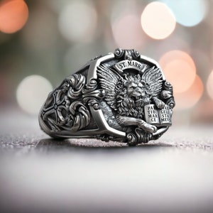 Saint Mark Silver Mens Leo Signet Ring, Engraved Cross Silver Ring, Men's Silver Jewelry, Zodiac Ring for Men, Lion Head Signet Ring