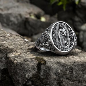 Bague dame de Guadalupe en argent sterling 925, bijoux religieux Vierge Marie, bague catholique, cadeau spirituel artisanal pour homme