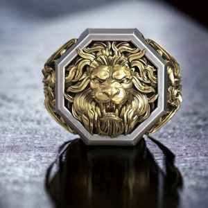 Men Signet Lion Head Ring, Leo Zodiac Ring, Unique Ring for Man, Animal Signet Ring, Astrology Signet Ring, Victorian Men Ring image 1
