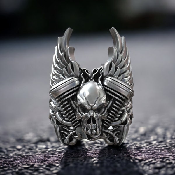 Skull Head with Engine Ring, Large Skull Wings Ring, Biker Ring, Motorbike Enthusiast Ring, Unique Gothic Jewelry, Gift for Boyfriend