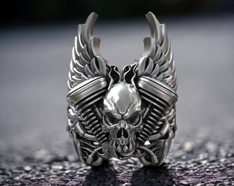Skull Head With Engine Ring, Large Skull Wings Ring, Biker