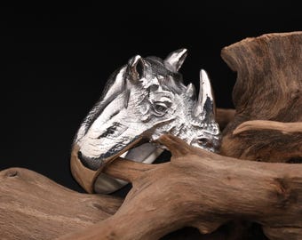 Handmade Sterling Silver African Rhino Ring: 3D Animal Jewelry