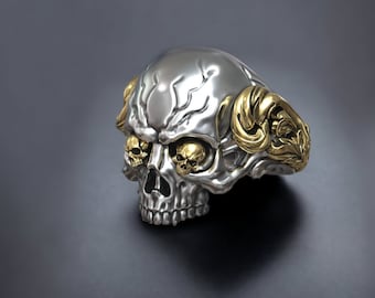 Skull Inlaid Eye Men Ring, Gothic Men Ring, Gold Plated 3D Ring, Unique Skull Men Ring, Engraved Jewelry, Men's Fashion Ring