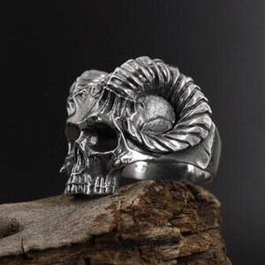 Sterling Silver Skull Ring, Gothic Ram Horn Ring, Biker Jewelry