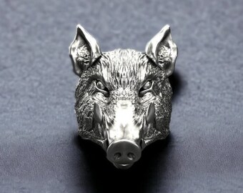Handmade Sterling Silver Boar Head Ring: Men