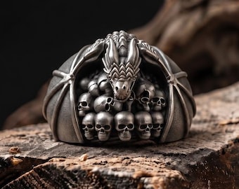 Sterling Silver Dragon Skull Ring, Gothic Biker Statement, Viking Men, Halloween Gift