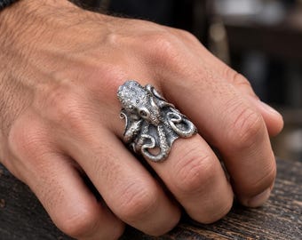 Octopus Ring, 925 Sterling Silver Mens Statement, Nautical Tentacle, Gothic Ocean Gift