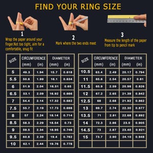 Puede incluir: Una tabla de tallas de anillos titulada FIND YOUR RING SIZE. Incluye tres pasos que muestran un dedo envuelto en papel amarillo, marcado con un l&aacute;piz y medido con una regla. Dos tablas enumeran las tallas de 5 a 15 con circunferencia y di&aacute;metro en mm y pulgadas.
