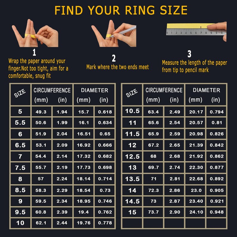 Puede incluir: Una tabla de tallas de anillos titulada FIND YOUR RING SIZE. Incluye tres pasos que muestran un dedo envuelto en papel amarillo, marcado con un l&aacute;piz y medido con una regla. Dos tablas enumeran las tallas de 5 a 15 con circunferencia y di&aacute;metro en mm y pulgadas.