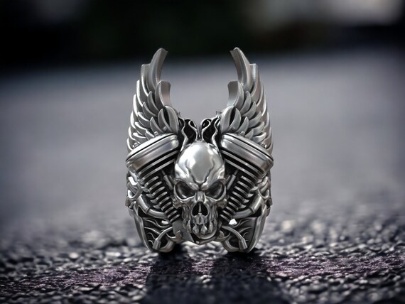 Skull Head With Engine Ring, Large Skull Wings Ring, Biker