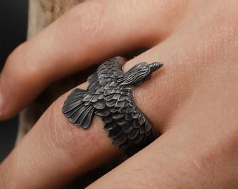 Men's Viking Raven Ring: 925K Silver Handmade Crow Ring, Norse Scandinavian Inspired Jewelry