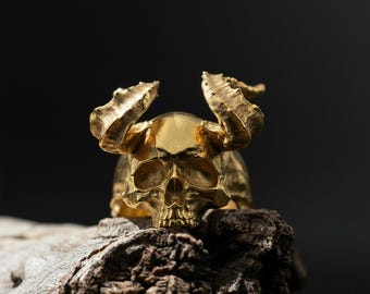 Handmade Sterling Silver Horned Devil Skull Ring, Gothic Biker