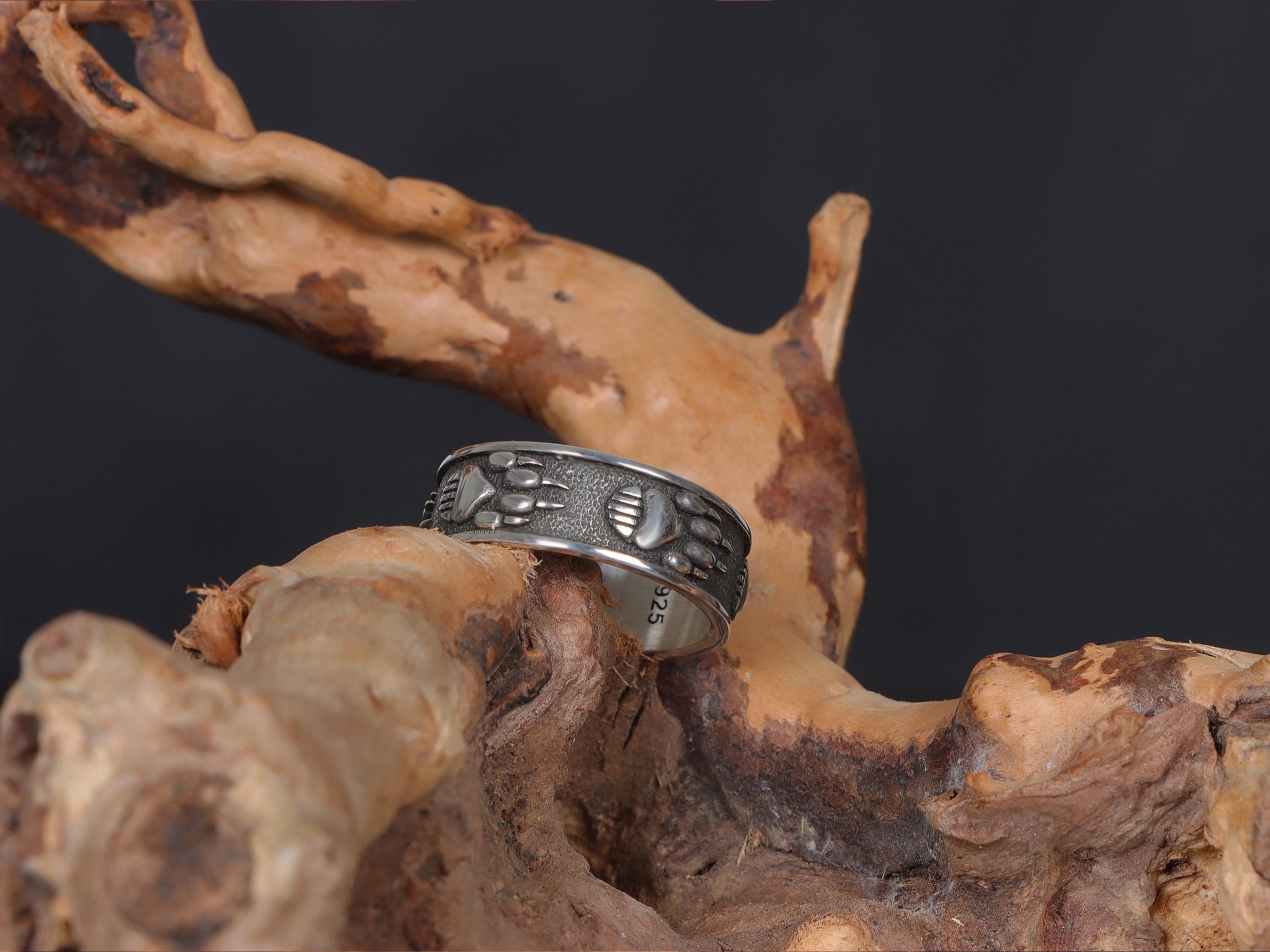 Animal Paw Engraved Ring: 925K Sterling Silver Wide Band Ring