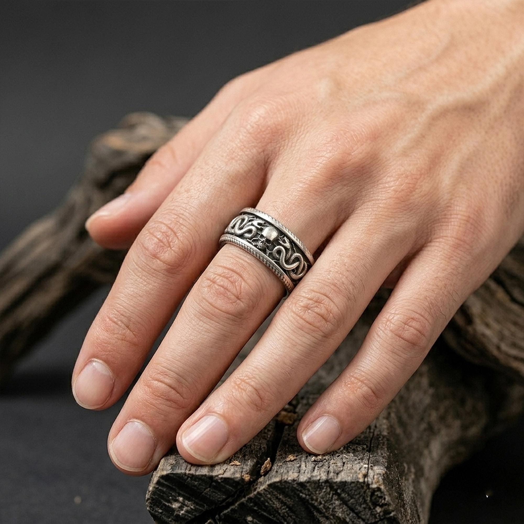 Sterling Silver Snake and Skull Ring, Gothic Band Ring, Unique