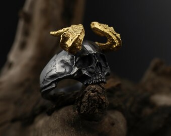 Handmade Sterling Silver Horned Devil Skull Ring, Gothic Biker
