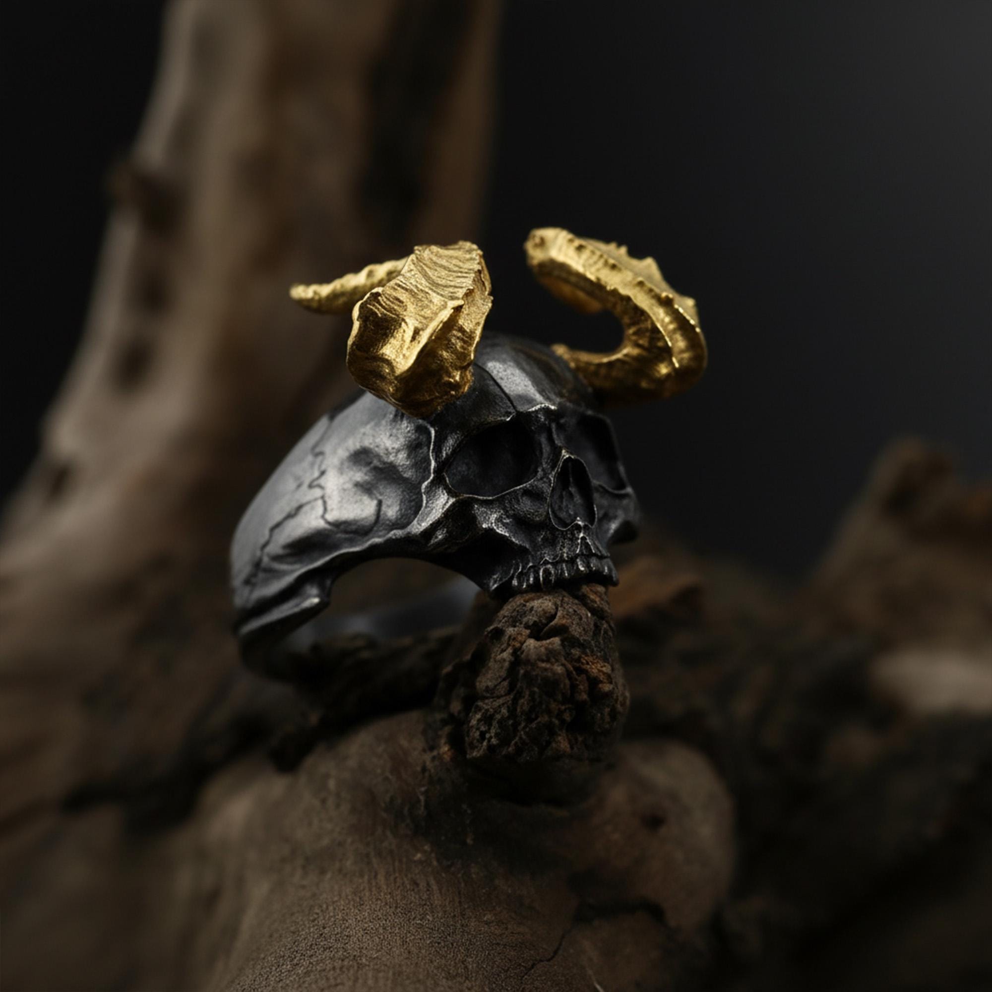 Devil Skull RING 真鍮 Handmade Sterling Silver Horned Devil Skull Ring, Gothic Biker