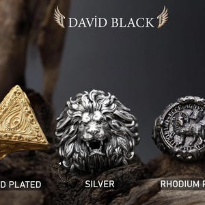 Puede incluir: Tres anillos con la etiqueta David Black. A la izquierda, un anillo triangular chapado en oro con un dise&ntilde;o de ojo. En el centro, un anillo de plata con una cabeza de le&oacute;n detallada. A la derecha, un anillo chapado en rodio con un emblema circular.