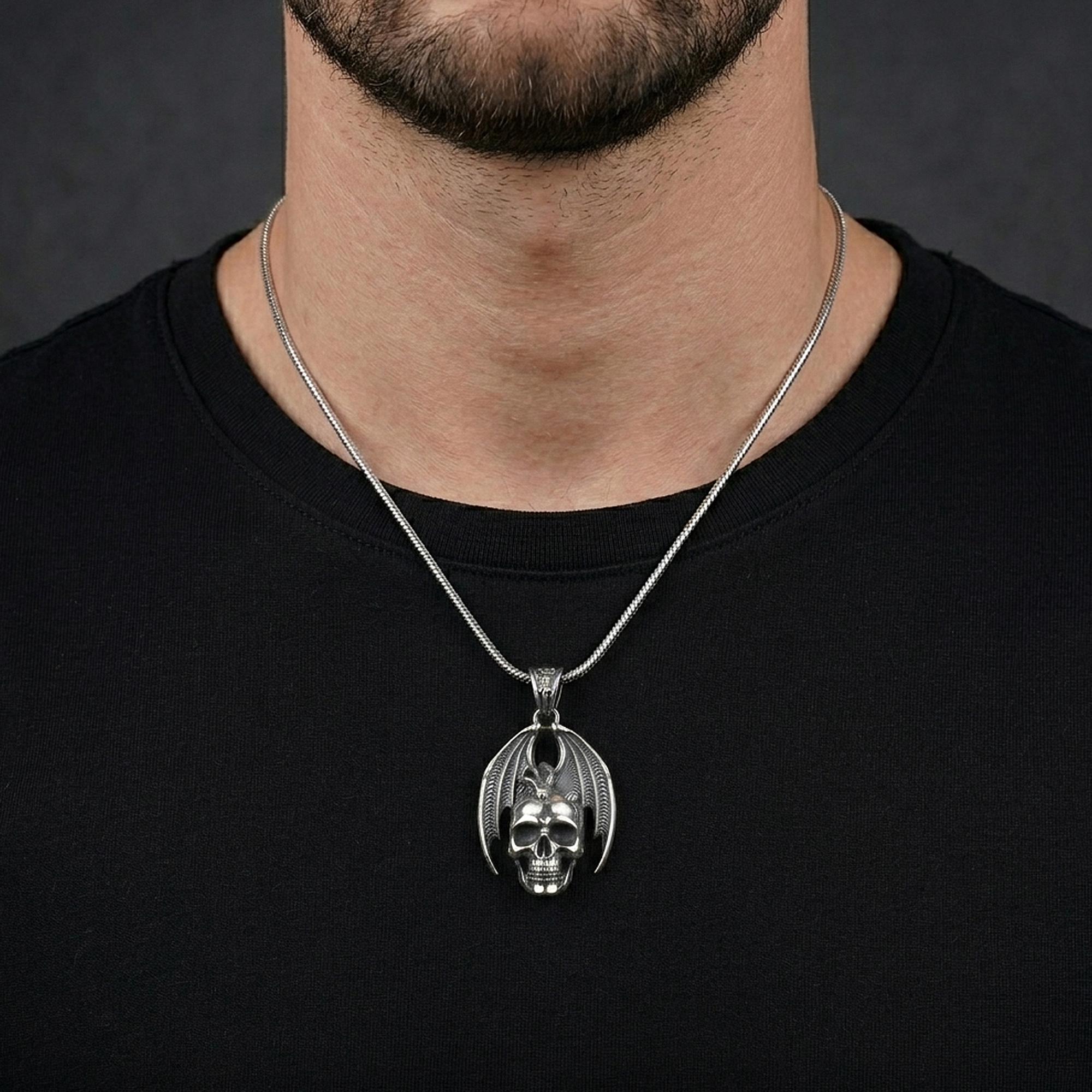 Handmade Sterling Silver Dragon Skull Necklace, Gothic Fantasy