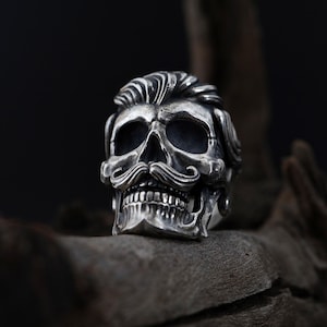 Mustached Skull Head Ring, Barber Skull Ring, Skull Jewelry Gift for Bikers, Unique Gift Him, Haired Skull Ring, Gift for Gothic Men