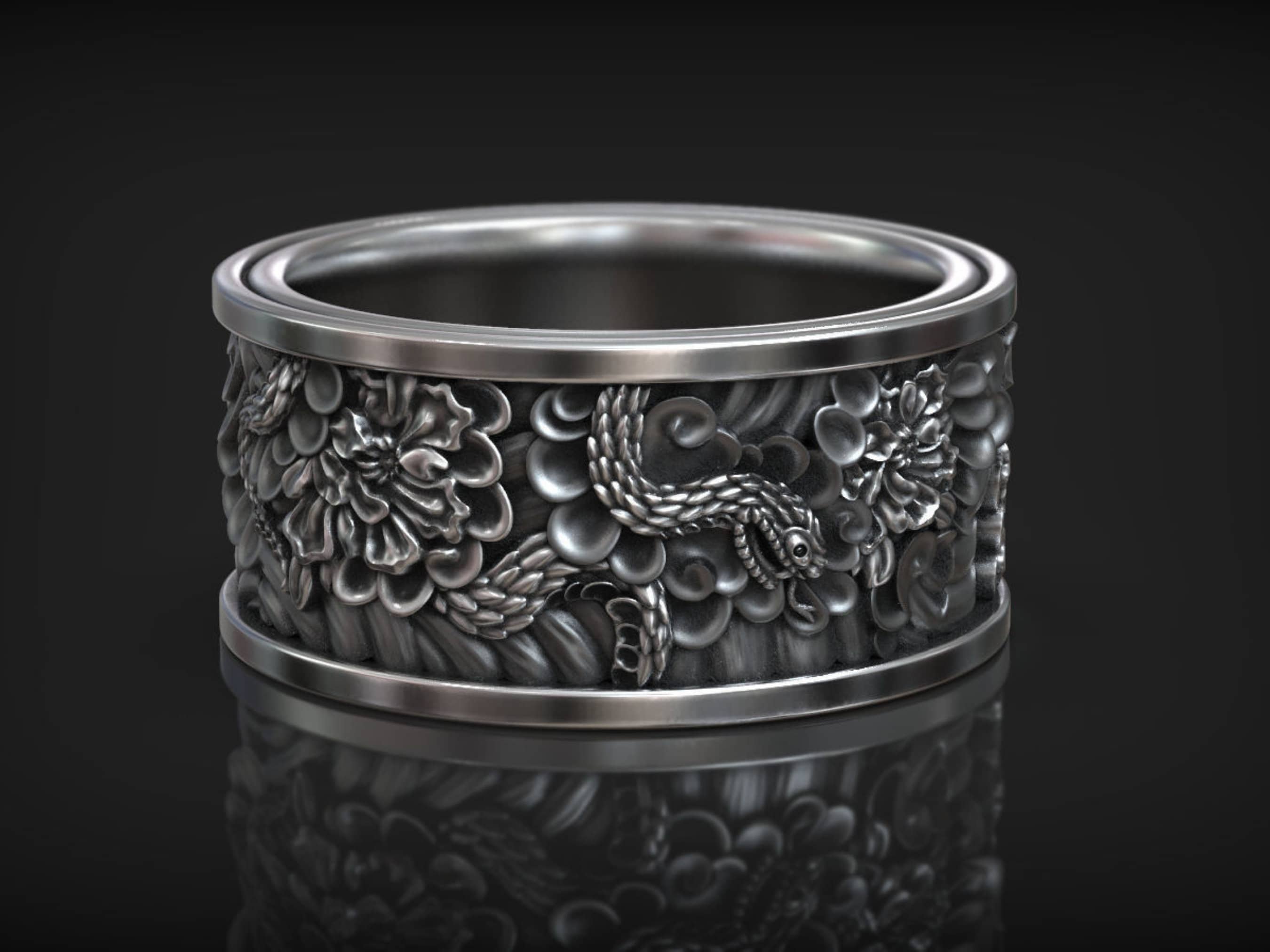 Handmade Sterling Silver Snake Band Ring, Floral Engraved Gothic
