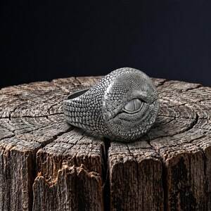 Puede incluir: Un anillo de tono plateado con un patr&oacute;n texturizado similar a escamas de reptil en toda la banda y un motivo de ojo central prominente con una pupila lisa en forma de almendra incrustada en la superficie met&aacute;lica detallada.