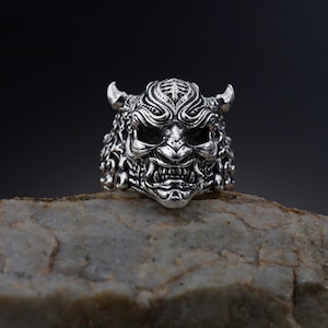 Japanese Hannya Oni Mask Ring, Gothic Style men Ring, Japanese Mythology Jewelry, Men Traditional Fantasy Ring, Demon Mask Ring for Men