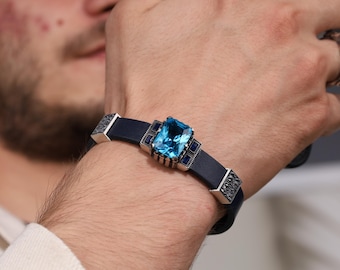 Leather Cord Bracelet With Blue Topaz Gemstone: 925K Sterling