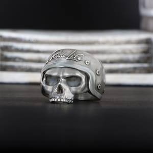 Sterling Silver Ride Life Skull Biker Ring: Motorcycle Helmet Gothic Skull Ring