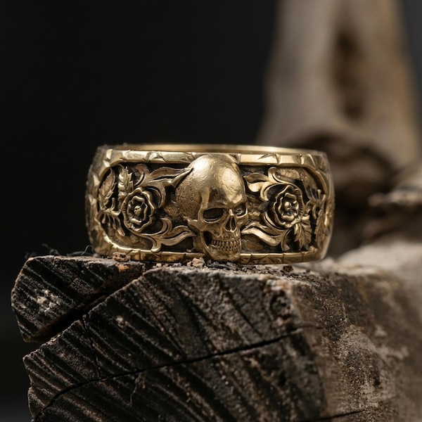 Gold Plated Floral Skull Ring: Skull and Roses Wedding Band for Men, Engraved Gothic Jewelry