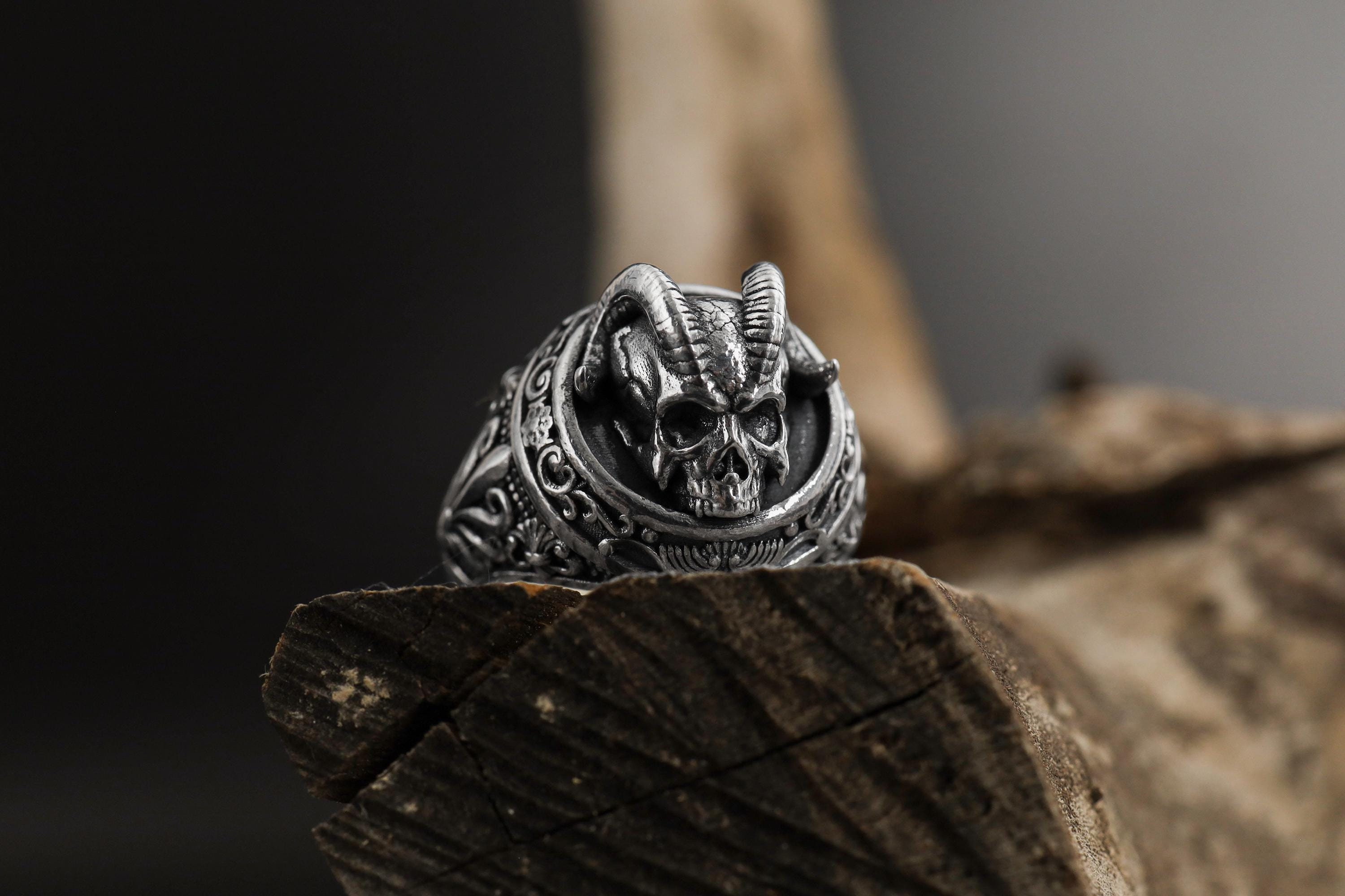 Demon Horns Skull Sterling Silver Ring, Gothic Biker Jewelry
