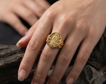 14K Solid Gold Lady of Guadalupe Ring, Virgin Mary Signet, Woen’s Catholic Religious Jewelry