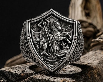 Handmade Sterling Silver St. George Dragon Ring: Knight Shield