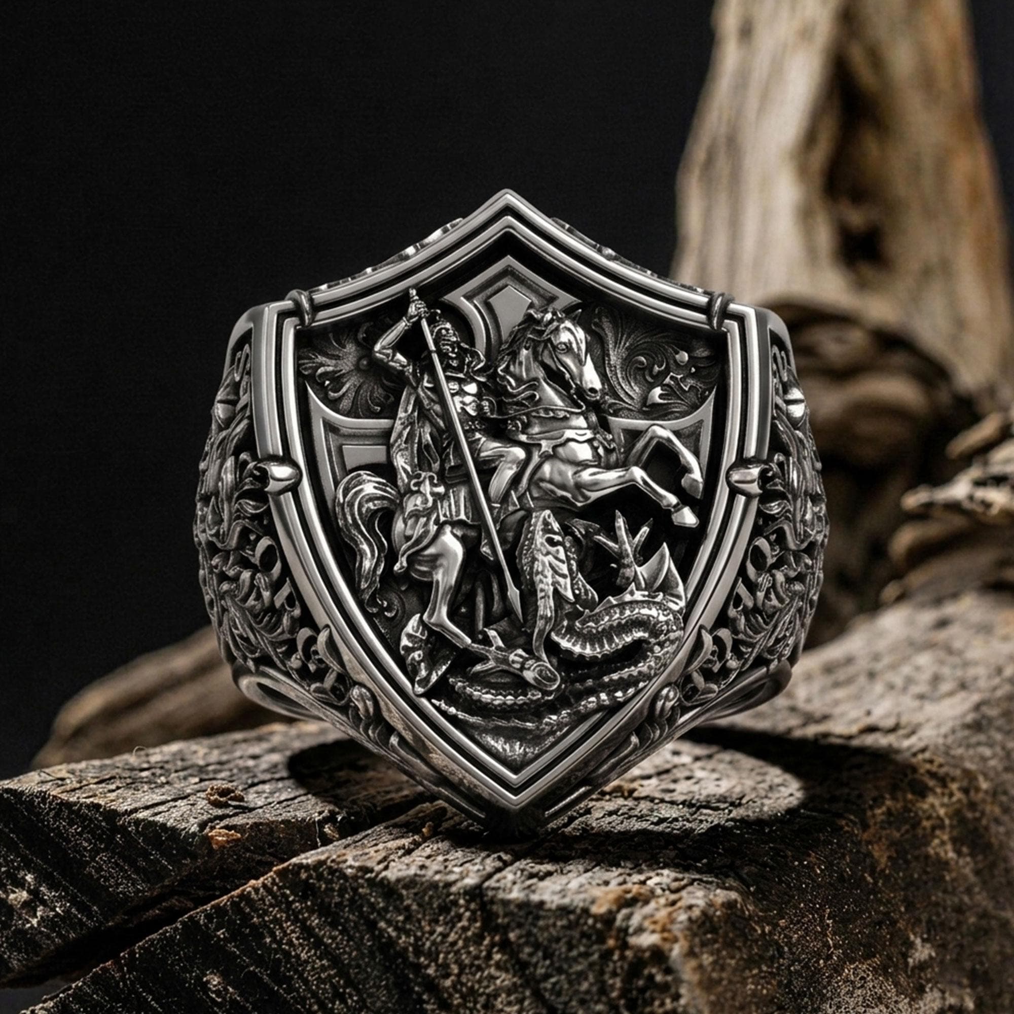 Handmade Sterling Silver St. George Dragon Ring: Knight Shield