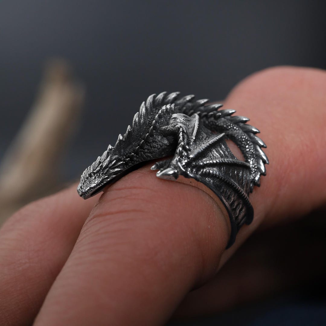 Handmade Wrap Dragon Ring: 925K Sterling Silver Winged Dragon Ring