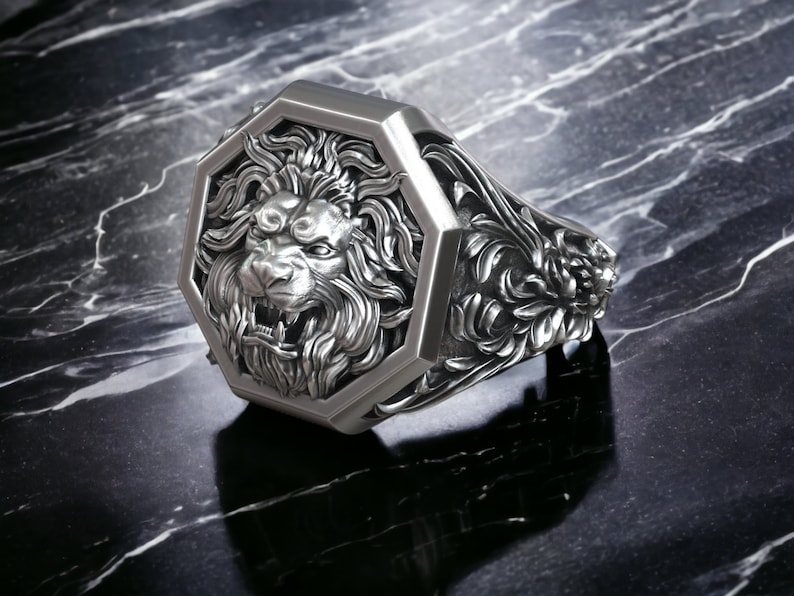 Men Signet Lion Head Ring, Leo Zodiac Ring, Unique Ring for Man, Animal Signet Ring, Astrology Signet Ring, Victorian Men Ring image 4