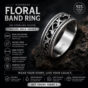 Puede incluir: Un anillo de banda floral de plata esterlina con un dise&ntilde;o intrincado. El anillo tiene 8 mm de ancho y presenta el texto "925" en la banda. La imagen tambi&eacute;n incluye el texto "HANDMADE FLORAL BAND RING" y "WEAR YOUR STORY. LIVE YOUR LEGACY."