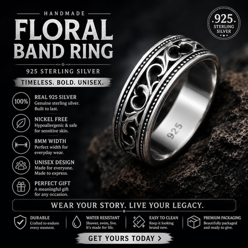 Puede incluir: Un anillo de banda floral de plata esterlina con un dise&ntilde;o intrincado. El anillo tiene 8 mm de ancho y presenta el texto "925" en la banda. La imagen tambi&eacute;n incluye el texto "HANDMADE FLORAL BAND RING" y "WEAR YOUR STORY. LIVE YOUR LEGACY."