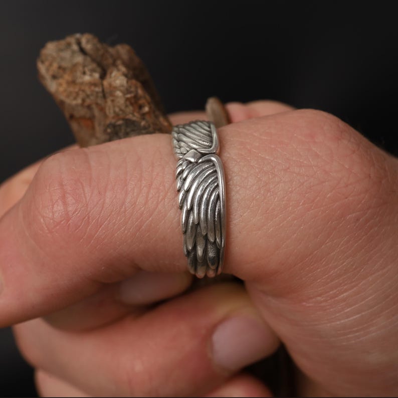 Angel Wings Band Ring, Guardian Angel Ring For Him, Gold Plated Angel Jewelry, Silver Men Wedding Ring, Unique Wedding Band for Husband image 2