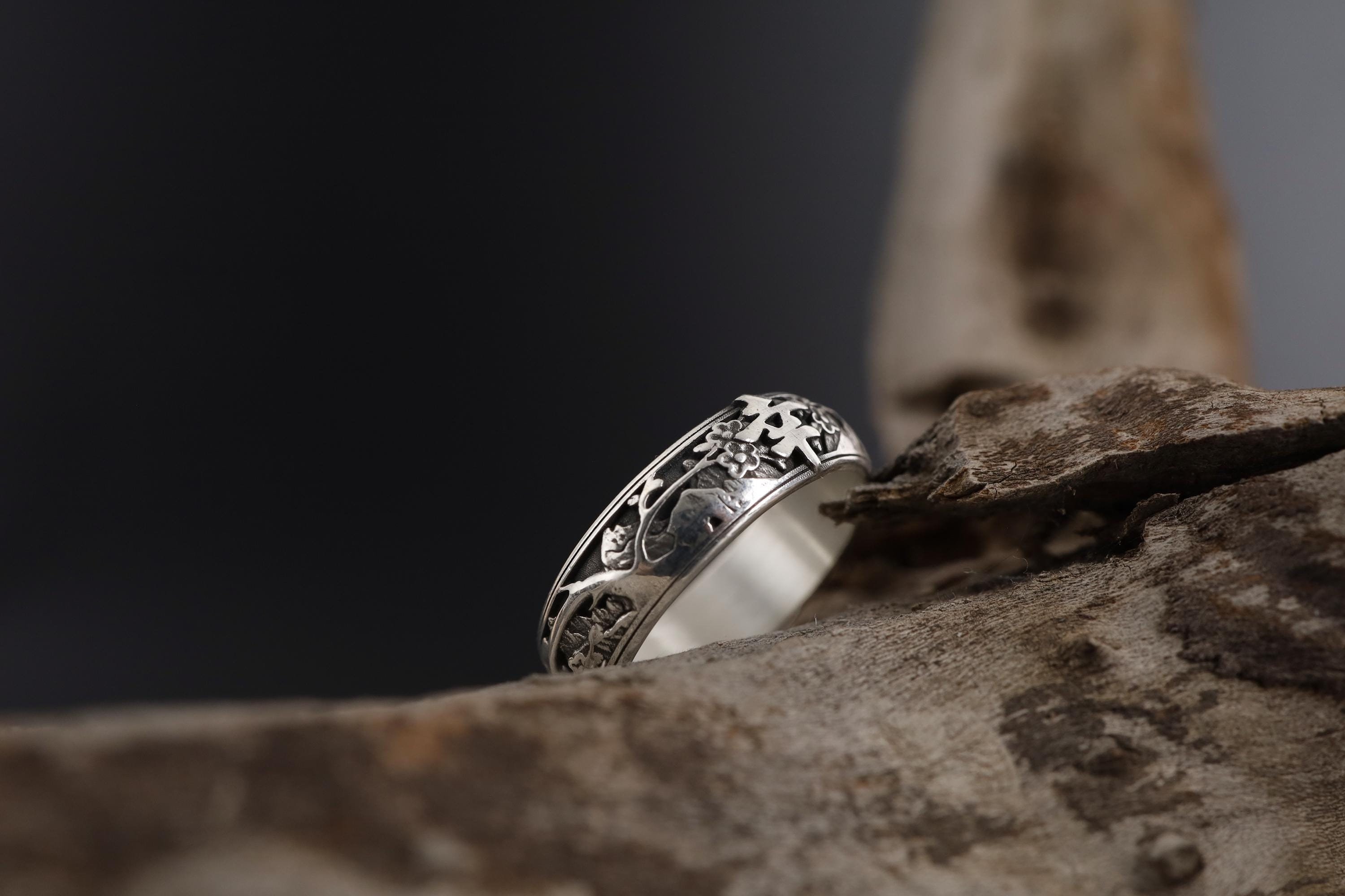 Japanese Calligraphy Sterling Silver Band Ring, Happiness Symbol