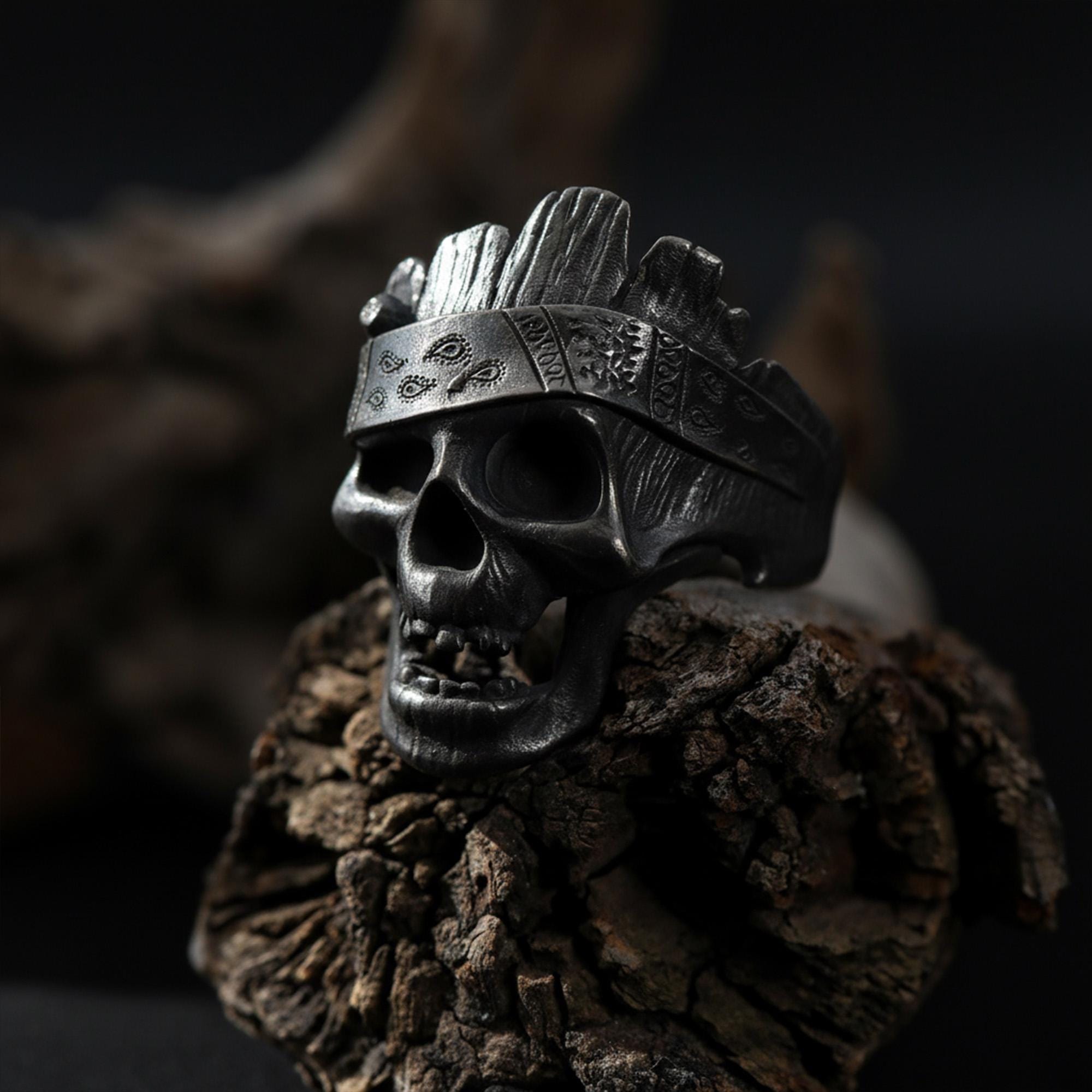 Wooden Textured Sterling Silver Skull Ring, Bandana, Gothic Men - Etsy