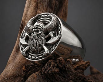 Handmade Sterling Silver Viking Skull Signet Ring, Gothic Biker Jewelry