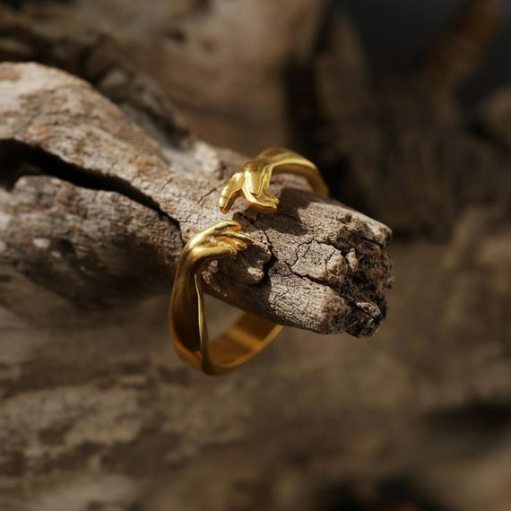 Gold Plated Hand of God Ring: Michelangelo's Creation of Adam Band