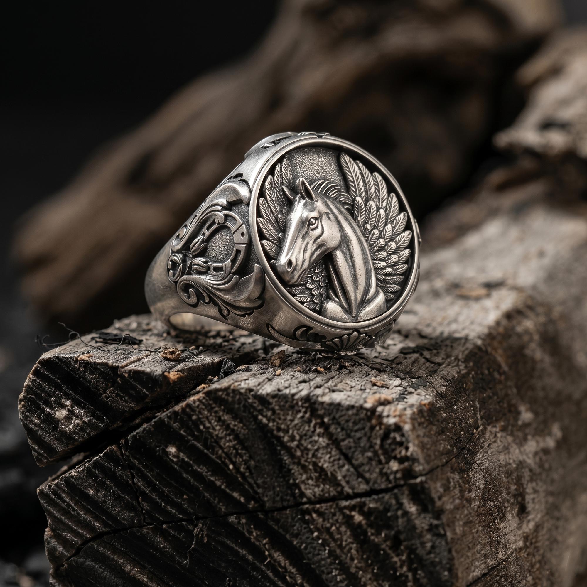 アクセサリー VTG HORSE TAIL SV925 RING Sterling Silver Pegasus Ring, Mythology Flying Horse Signet