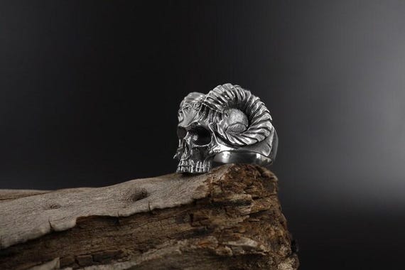 Sterling Silver Skull Ring, Gothic Ram Horn Ring, Biker Jewelry - Etsy