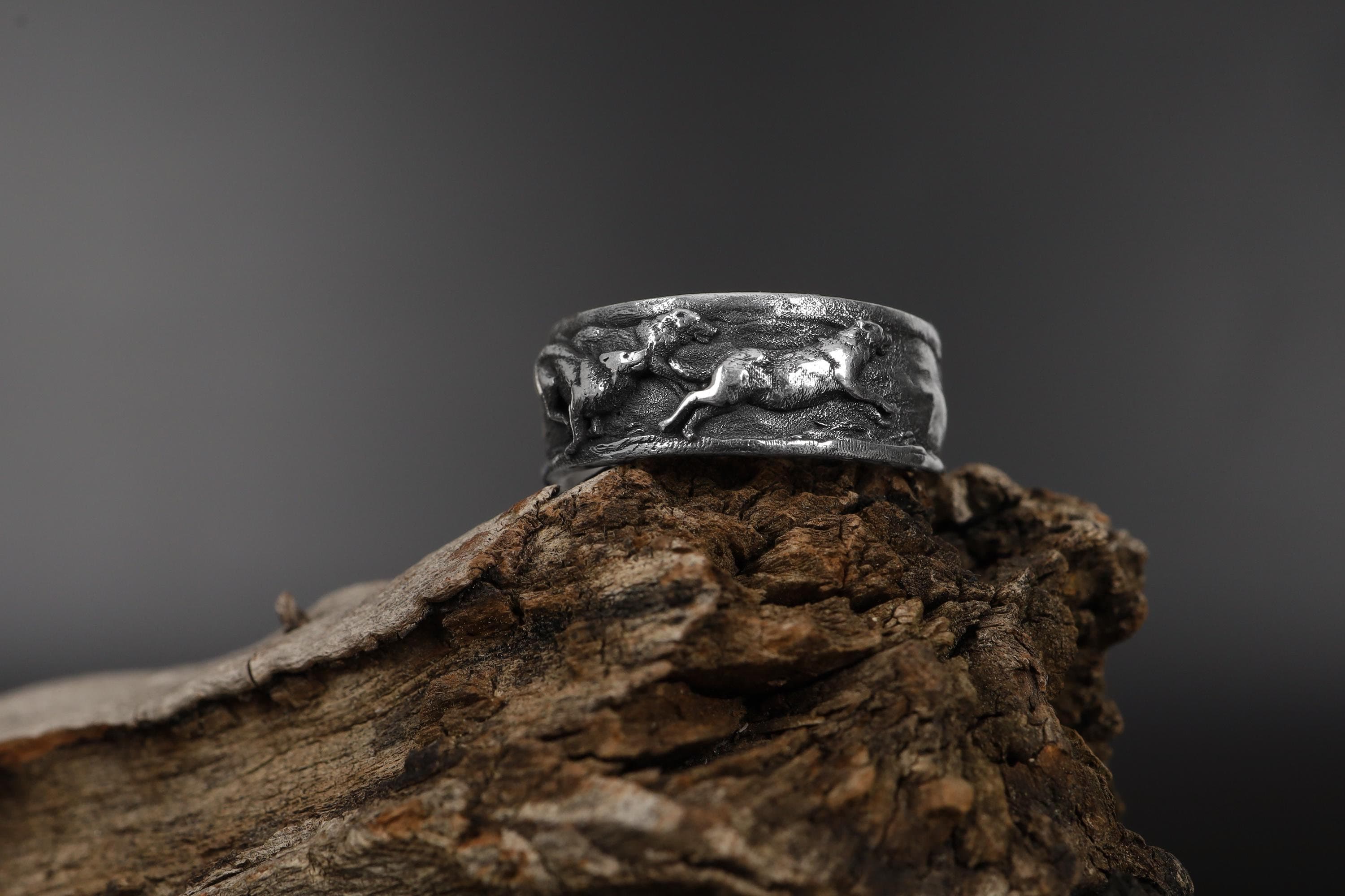 Handmade Sterling Silver Running Wolf Ring: Celtic Wedding Band 