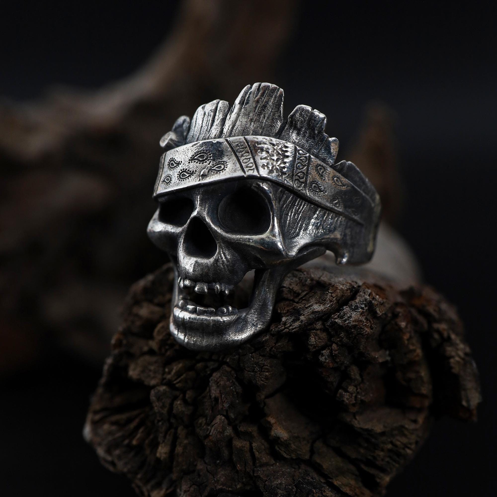 Wooden Textured Sterling Silver Skull Ring, Bandana, Gothic Men - Etsy