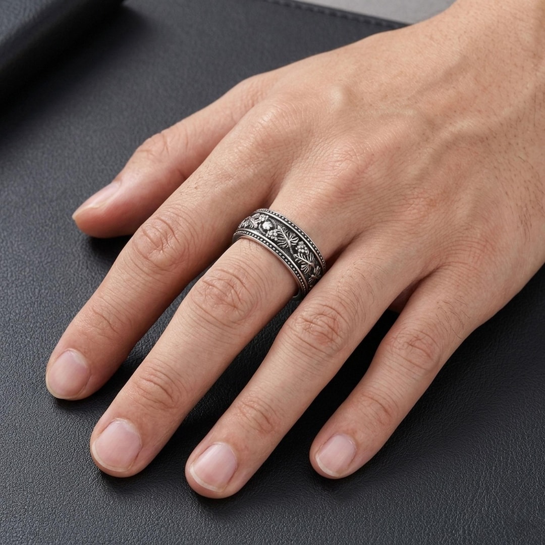 スターリングシルバーのブドウの枝リング：つる模様のメンズ結婚指輪