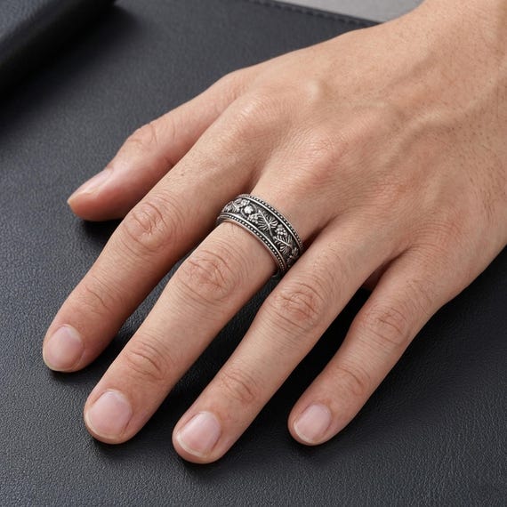 スターリングシルバーのブドウの枝リング：つる模様のメンズ結婚指輪