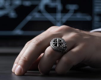 Alpha Omega Chi Rho Cross Ring: Gothic Sterling Silver Men's